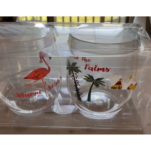 NEW St. Nickolas Square Set of 2 Wine Tumblers Christmas Palm Tree Flamingo - Picture 1 of 5